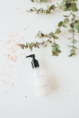 Boş maket krem / sıvı sabun şişesi, beyaz arka plan okaliptüs ile Cilt bakım spa kavramı. Düz yatıyordu, üst görünüm güzellik yaşam tarzı kozmetik kompozisyon.