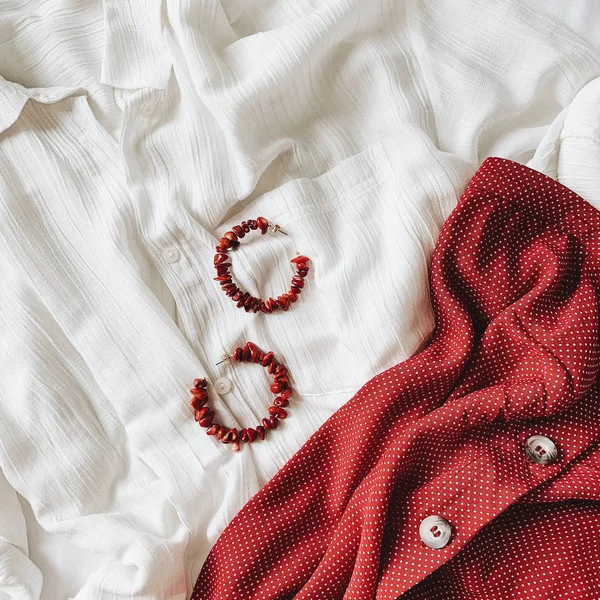 Fashion French Female Concept Beautiful Woman White Shirt Deep Red — Stock Photo, Image