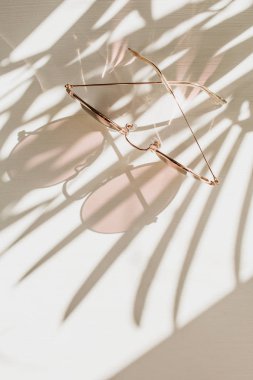 Çiçek gölgesi ile beyaz masada pembe kadın güneş gözlüğü. Moda trendy fransız tarzı yaşam tarzı blog arka plan.