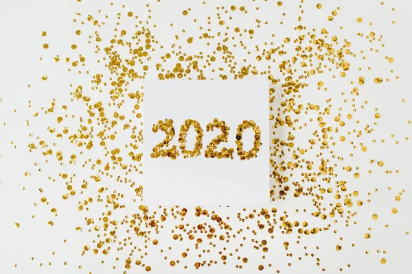 2020 Numaralı Kare Çerçeve Beyaz Arka Planda Altın Süsleme Noel — Stok fotoğraf
