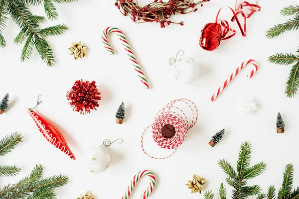 Natal Ano Novo Padrão Com Ramos Abeto Bugigangas Natal Doces — Fotografia de Stock