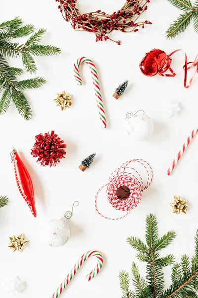 Natal Ano Novo Padrão Com Ramos Abeto Bugigangas Natal Doces — Fotografia de Stock