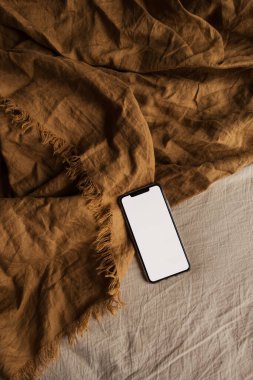 Zencefilli battaniyede boş ekran akıllı telefon. Düz yerde, üst tarafta. Boşluk düzenleme şablonunu kopyala.