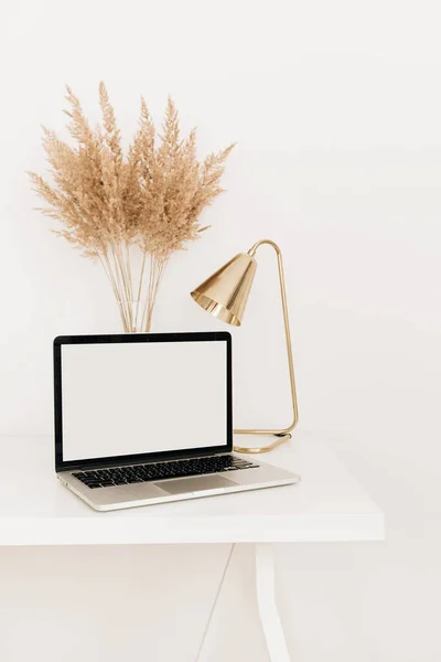 Laptop Met Blanco Kopieerruimte Scherm Witte Tafel Met Gouden Lamp — Stockfoto