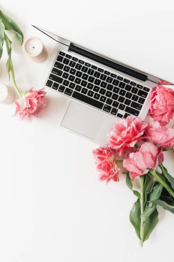 Laptop ve beyaz arka planda güzel pembe şakayık lale çiçekleri. Düz konum, üst görünüm minimalist ofis ofis çalışma alanı boş kopya alanı