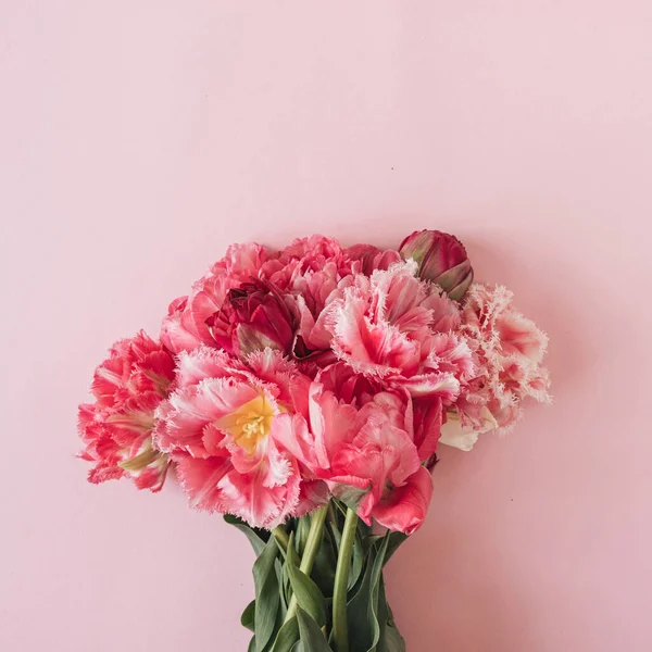 Peony Tulp Bloemen Boeket Roze Achtergrond Vlakke Plaat — Stockfoto