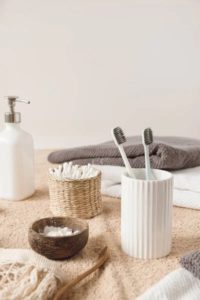 Beauty Health Care Composition Ear Sticks Rattan Casket Towel Powder — Stock Photo, Image