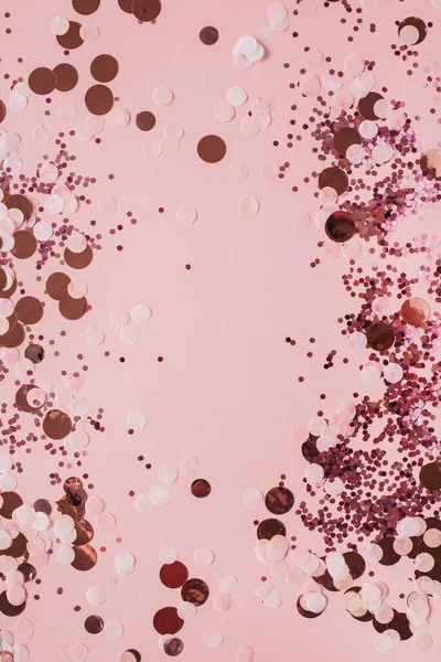 Fondo Celebración Rosa Con Confeti Espumoso Navideño Piso Tendido Vista —  Fotos de Stock