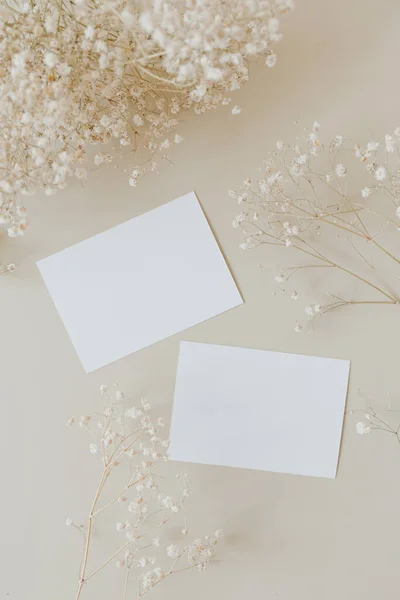 Prázdné Papírové Listy Makupem Kopírovat Prostor Gypsophila Květiny Béžové Pozadí — Stock fotografie