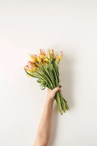 Mano Femenina Sosteniendo Coloridas Flores Tulipán Ramo Contra Pared Blanca — Foto de Stock