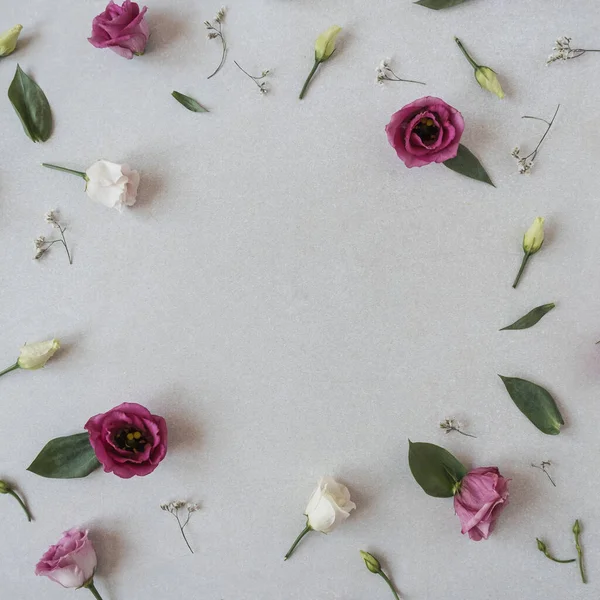 Rózsa Virágok Szürke Háttérrel Ünnepi Ünnepség Keret Mockup Fénymásoló Hely — Stock Fotó