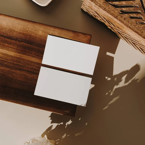 Blank Paper Sheet Cards Mockup Copy Space Wooden Tray Casket — Stock Photo, Image