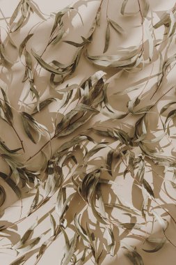 Bej arka planda kuru yapraklar ve güneş ışığı gölgeleri silueti. Minimum düzlük, üst manzara çiçek deseni.