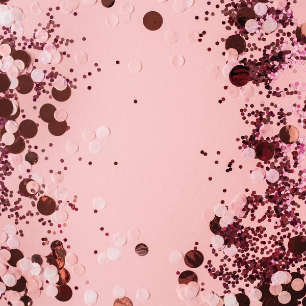 Рожевий Фон Святкування Святковим Блискучим Конфетті Плоский Прошарок Вид Зверху — стокове фото