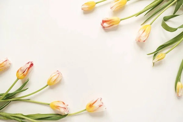 Rand Frame Gemaakt Van Gele Tulp Bloemen Witte Achtergrond Flat — Stockfoto