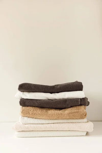 Folded Towels Stack White Background Health Care Hygiene Wellness Composition — Stock Photo, Image