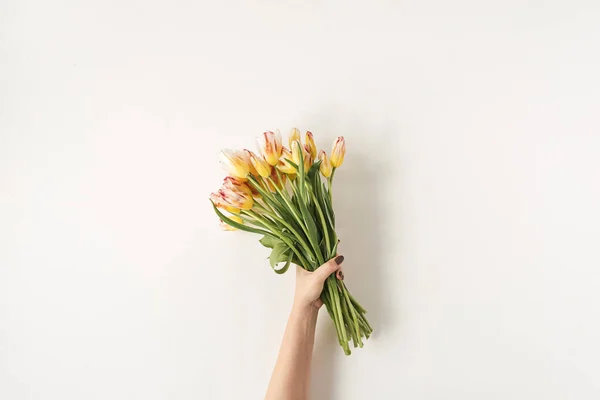 Ženská Ruka Drží Barevné Tulipány Kytice Proti Bílé Zdi Rekreační — Stock fotografie