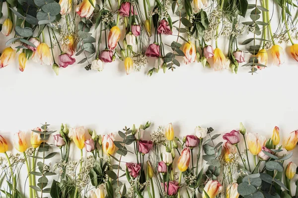 Flowers composition with many tulips, eucalyptus, wildflowers on white background. Flat lay, top view festive holiday celebration hero header with copy space for text