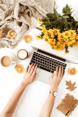 Kadın dizüstü bilgisayarda çalışıyor. Ofis masası çalışma alanı. Düz yatış, üst düzey bayan patron iş konsepti. Klavyede yazan kadın elleri.