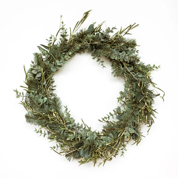 Wreath Frame Made Fir Eucalyptus Branches White Background Christmas New — Stock Photo, Image