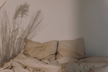 Yatak odası konsepti. Buruşmuş bej çarşafları, yastıkları ve kuru otları olan rahat bir yatak. Güneş ışığı yansımaları. Sabah yatakta