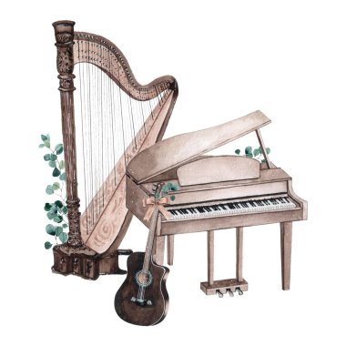 Suluboya müzik aletleri illüstrasyon izole wahite arka plan üzerinde kümesi