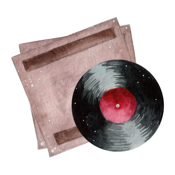 Gravação Vinil Redondo Com Tinta Aquarela Rótulo Vermelho Elemento Aquarela — Fotografia de Stock