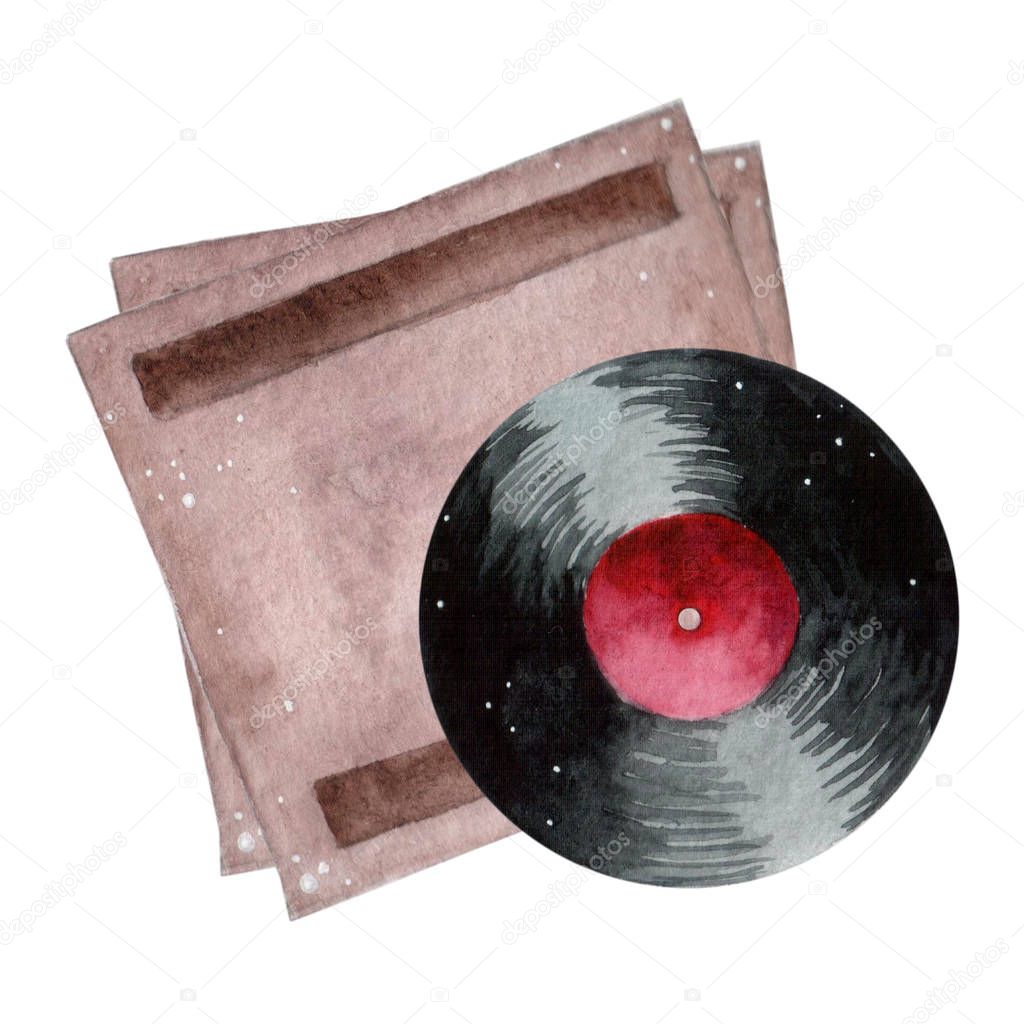 Round vinyl record with red label watercolor paint. Hand drawn watercolor element on white background. Vintage retro music
