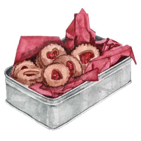 Aquarell-Set mit verschiedenen Valentin-Keksen mit Marmelade in Metallbox. herzförmig und rund. Romantisches Symbol. — Stockfoto