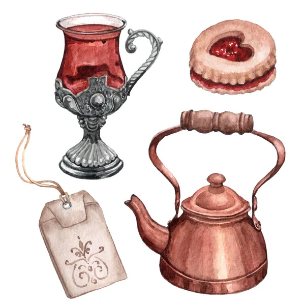 Çay parti elemanları bitkisel Teacup, tatlılar ve metal çaydanlık watrecolor seti — Stok fotoğraf
