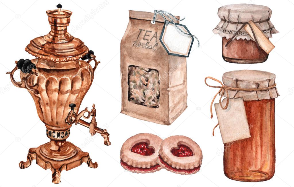 Watercolor set of big gold teapot with herbal tea packaging and sweets for tea party