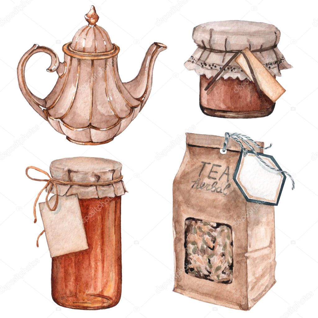 Glass jar with jam and sweet honey, herbal tea packaging and teapot