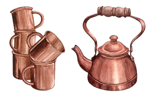 Çelik yığını, suluboya tekniğinde altın bardak ve çaydanlık yükseldi — Stok fotoğraf