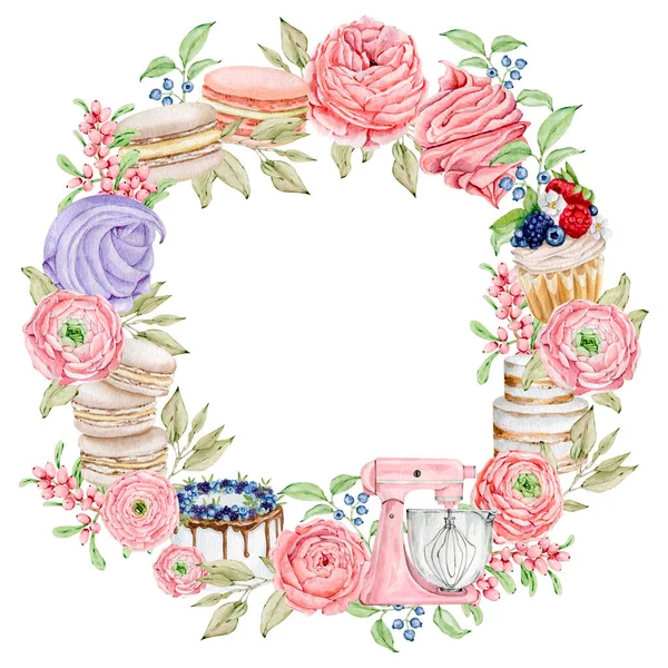 Suluboya fırın yuvarlak çelenk logosu, keklerle ve gül çiçekleriyle — Stok fotoğraf