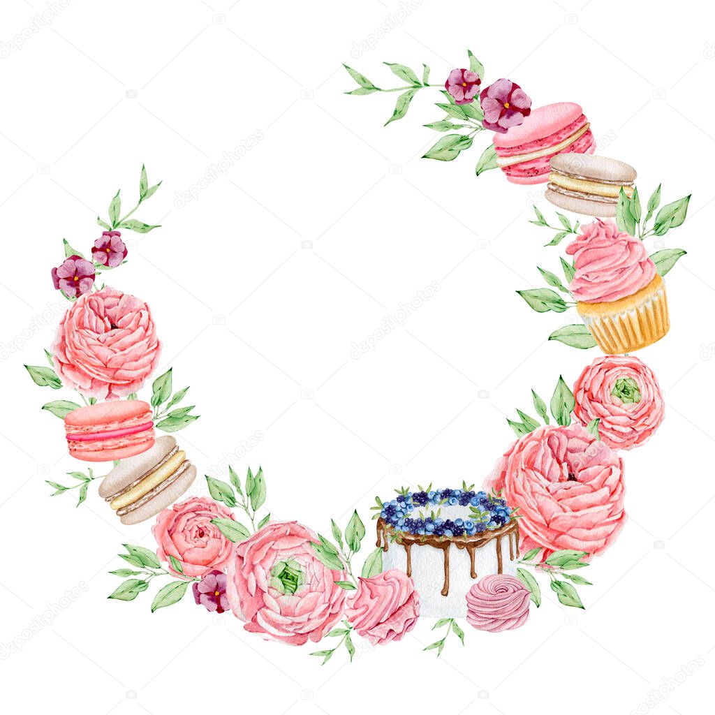Watercolor bakery round wreath logo with cupcakes and rose flowers. Watercolor baking illustrations in pink colors. Isolated elements on white background.