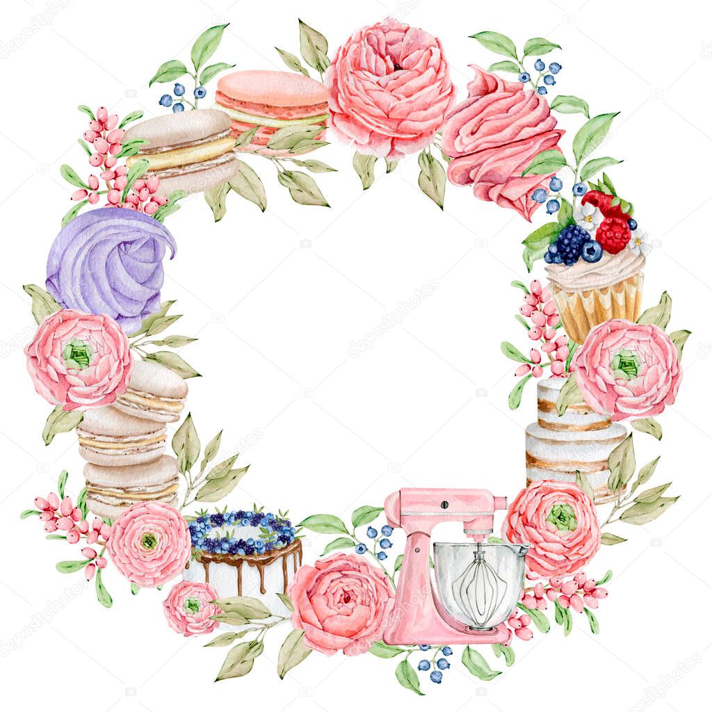 Watercolor bakery round wreath logo with cupcakes and rose flowers. Watercolor baking illustrations in pink colors. Isolated elements on white background.