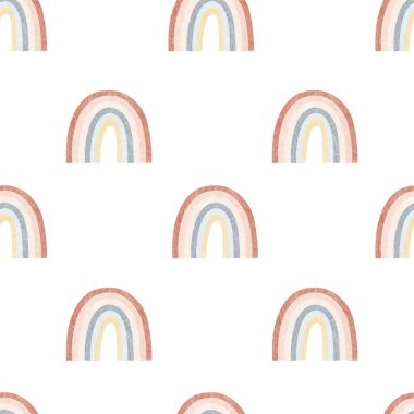Beyaz arkaplandaki izole edilmiş elementlerin Pastel renklerle renklendirilmiş, modaya uygun, şirin gökkuşağı çizimlerinin kusursuz deseni