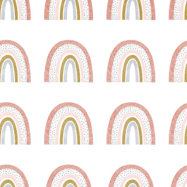 白を基調としたパステルカラーの分離要素で流行のかわいい虹のイラストのシームレスなパターン — ストック写真