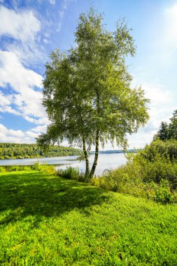 Aabach barajının ve çevreleyen manzaranın manzarası. Bad Wuennenberg yakınlarındaki Kuzey Ren-Vestfalya 'daki içme suyu barajında..