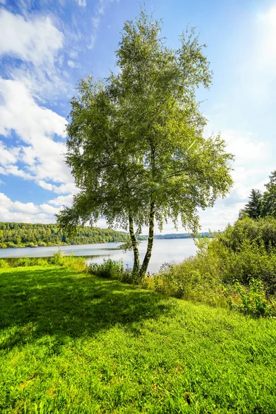 Aabach barajının ve çevreleyen manzaranın manzarası. Bad Wuennenberg yakınlarındaki Kuzey Ren-Vestfalya 'daki içme suyu barajında..