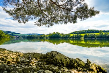 Diemelsee Gölü ve çevre manzarası. Sauerland 'deki su deposunda idilik doğa..