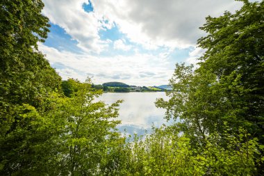 Diemelsee Gölü ve çevre manzarası. Sauerland 'deki su deposunda idilik doğa..