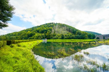 Reservoir on the dam wall at Diemelsee and the surrounding landscape. Nature at the Diemel Dam in the Sauerland.