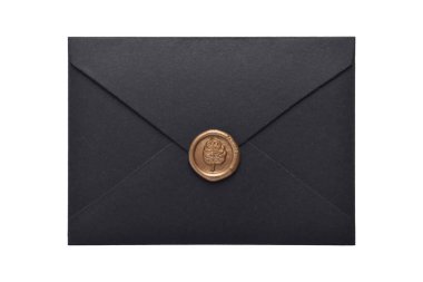 Beyaz zemin üzerinde balmumu mühürü olan siyah zarf