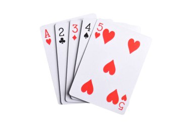 Beyaz arka planda izole edilmiş oyun kartları, üst görünüm. Poker oyunu