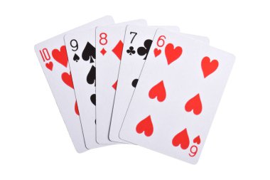 Beyaz arka planda izole edilmiş oyun kartları, üst görünüm. Poker oyunu