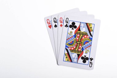 Four queen playing card, spades, hearts, clubs, diamonds, isolated on white background