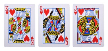 Kağıt oynuyorlar Kral, kraliçe, vale, beyaz arka planda soyutlanmış