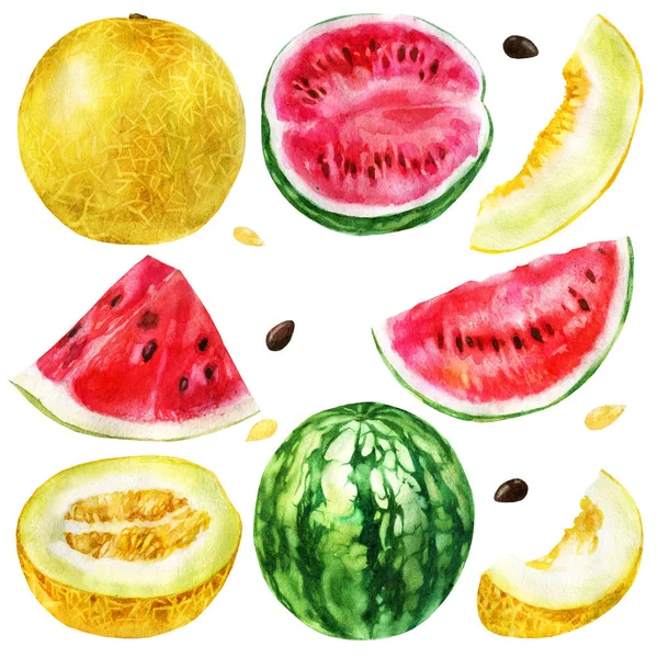 Aquarell Illustration Set Wassermelone Eine Halbe Wassermelone Ein Stück Wassermelone — Stockfoto