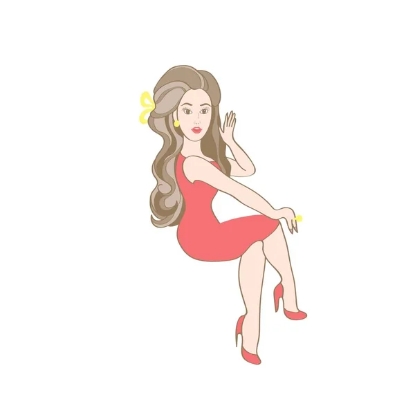 Ilustração Vetorial Imagem Uma Menina Sentada Vestido Vermelho — Vetor de Stock